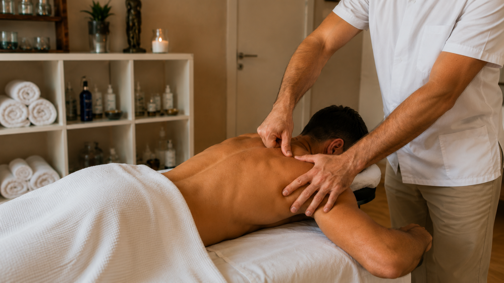 Terapeuta realizando masaje deportivo para recuperación muscular